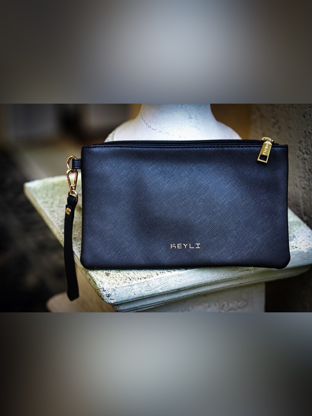 KEYLI Black Zip Pouch Wristlet Clutch Gold Hardware